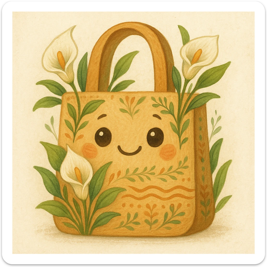 mascota para proyecto productivo bolso artesanal decorado con lirios de agua, ojos grandes y sonrisa, estilo amigable y representativo de emprendimiento artesanal sticker