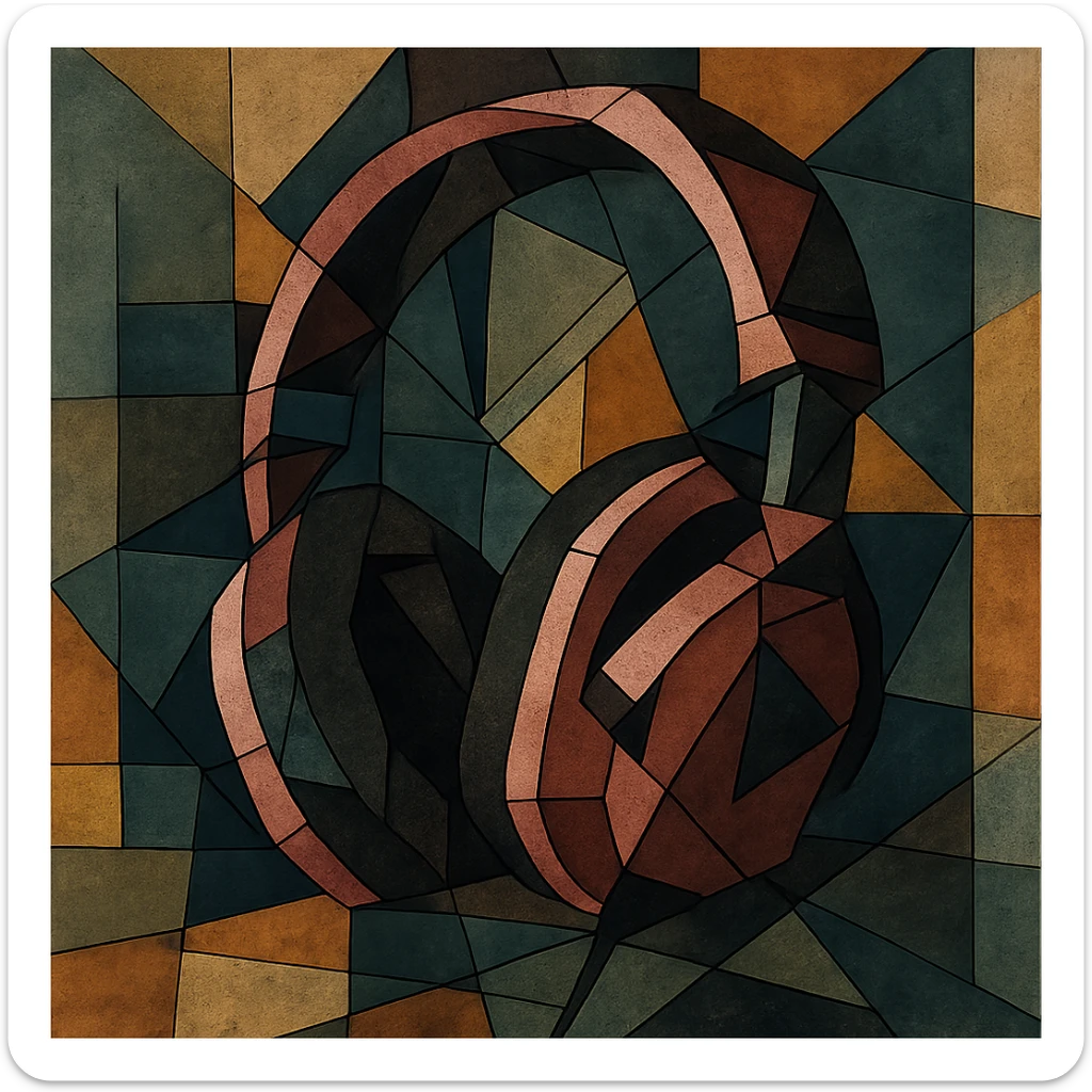 pink gothic headphones with fragmented shapes and dark accents in cubist abstraction style sticker