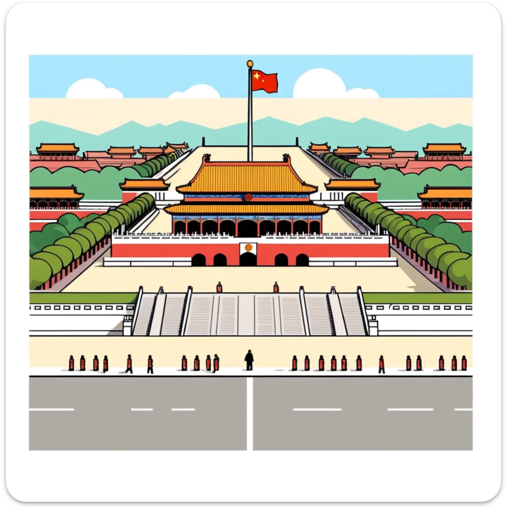 Tiananmen Square, Beijing, Chinese architecture, sunny day, travel illustration sticker