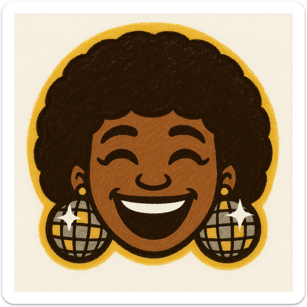 Create a 1970s disco emoji of just the head of a female African American, inspired by the references, using only gold, silver, black, and white. Show a laughing expression, afro hairstyle, and sparkling disco earrings in these colors, in a vibrant pop colors style. sticker