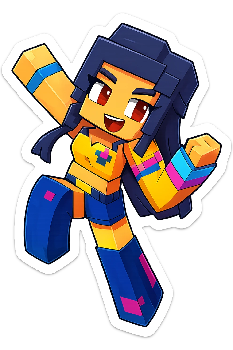 Extract only the middle character with dark hair and yellow and blue outfit from the image, keeping the original Minecraft cartoon style and appearance, with a transparent background. sticker