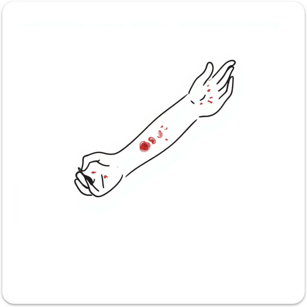 Detailed drawing of arm showing allergy skin prick test on forearm with small red welts, hand with all 5 fingers visible sticker
