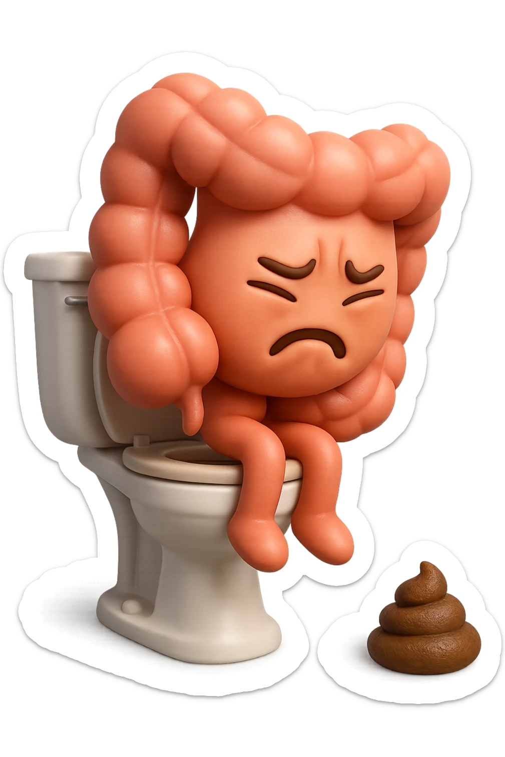 SU QUESTO STILE FAI UN EMOJI STILE IPHONE 3D DI UN INTESTINO CHE sta seduto sul wc e davanti ha una montagnetta di feci a palline stile emoji iphone, FAGLI UN ESPRESSIONE di dolore mentre si sforza E FALLO MOLTO REALISTICO IN 3D sticker
