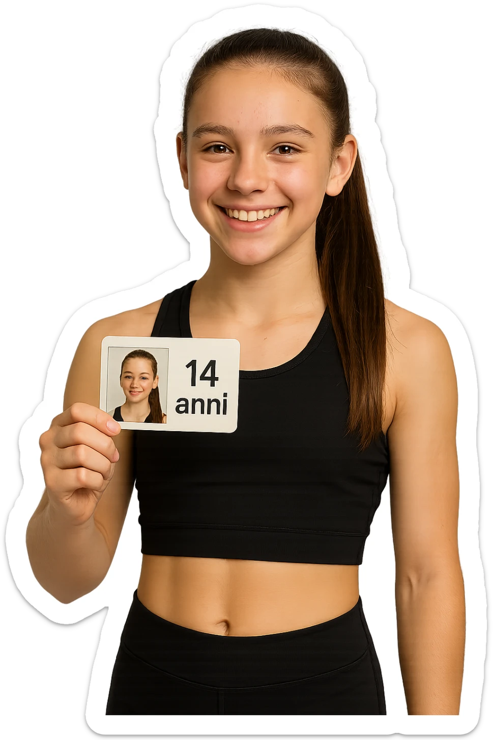 donna fitness di 14 anni, con in mano un documento di identità con la sua foto e la scritta 14 anni sticker