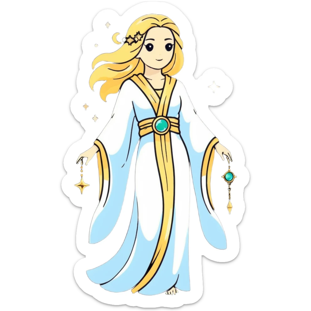 fullbody universe goddess Sophia, Ethereal Light Being, Made of starlight and fractals, Glowing white/gold skin with flowing translucent robes, Hair like galaxy mist, Jewelry made of stars and crystals sticker
