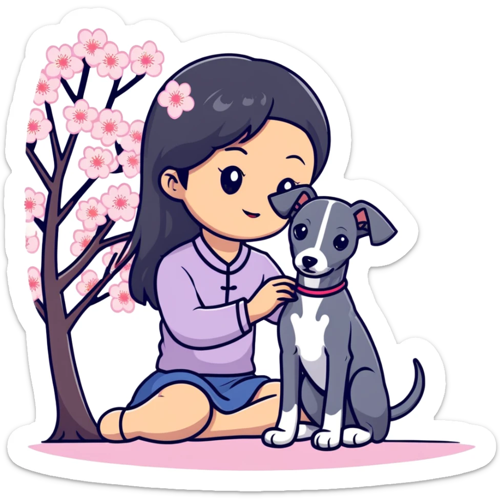 A young Chinese girl with long black hair and a dark grey Italian Greyhound with absolutely no white marks on its body or nose sitting under a cherry blossom tree sticker