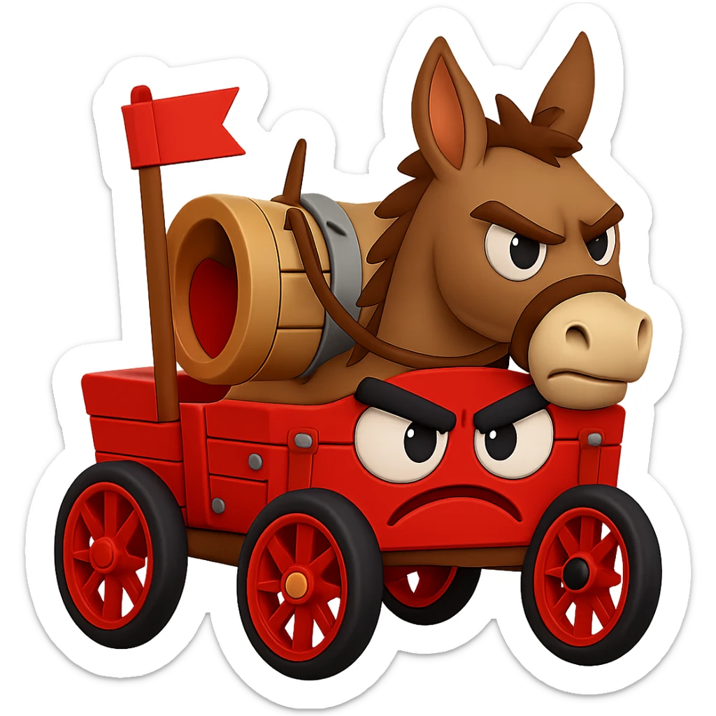 Regenerate the emoji combining the angry cartoon donkey and the angry goofy wagon, with the donkey riding in or pulling the wagon. Keep the silly and playful 'jackwagon' vibe. Transparent background. sticker