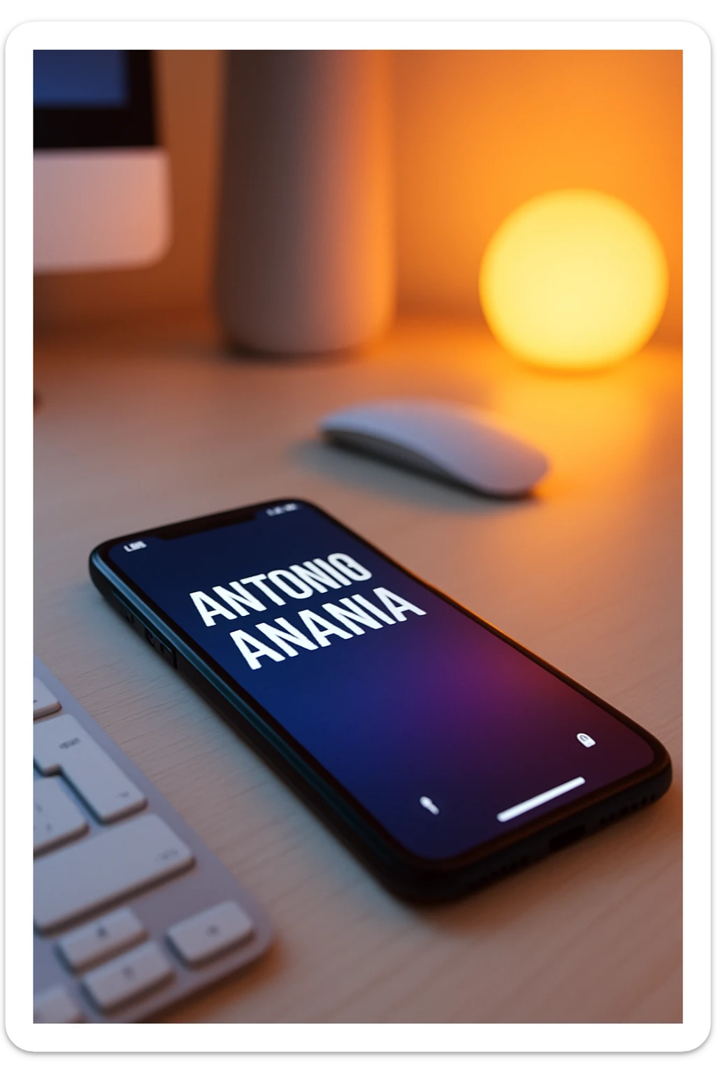 A photo of an iPhone on the desk with the message "Antonio Anania" on its screen, The phone sits atop a desk with a blurred background that suggests work environment. A faint glow from above casts gentle shadows across the surface of each object, creating depth and highlighting their textures sticker