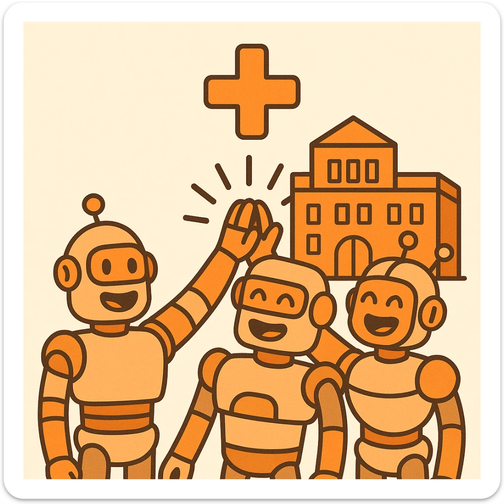 fun, flat icon showing a team of smiling robots high-fiving in front of a stylized orange headquarters, with a big orange plus sign above, playful, orange-themed, suitable for a B2B SaaS LLM evaluation Slack workspace sticker