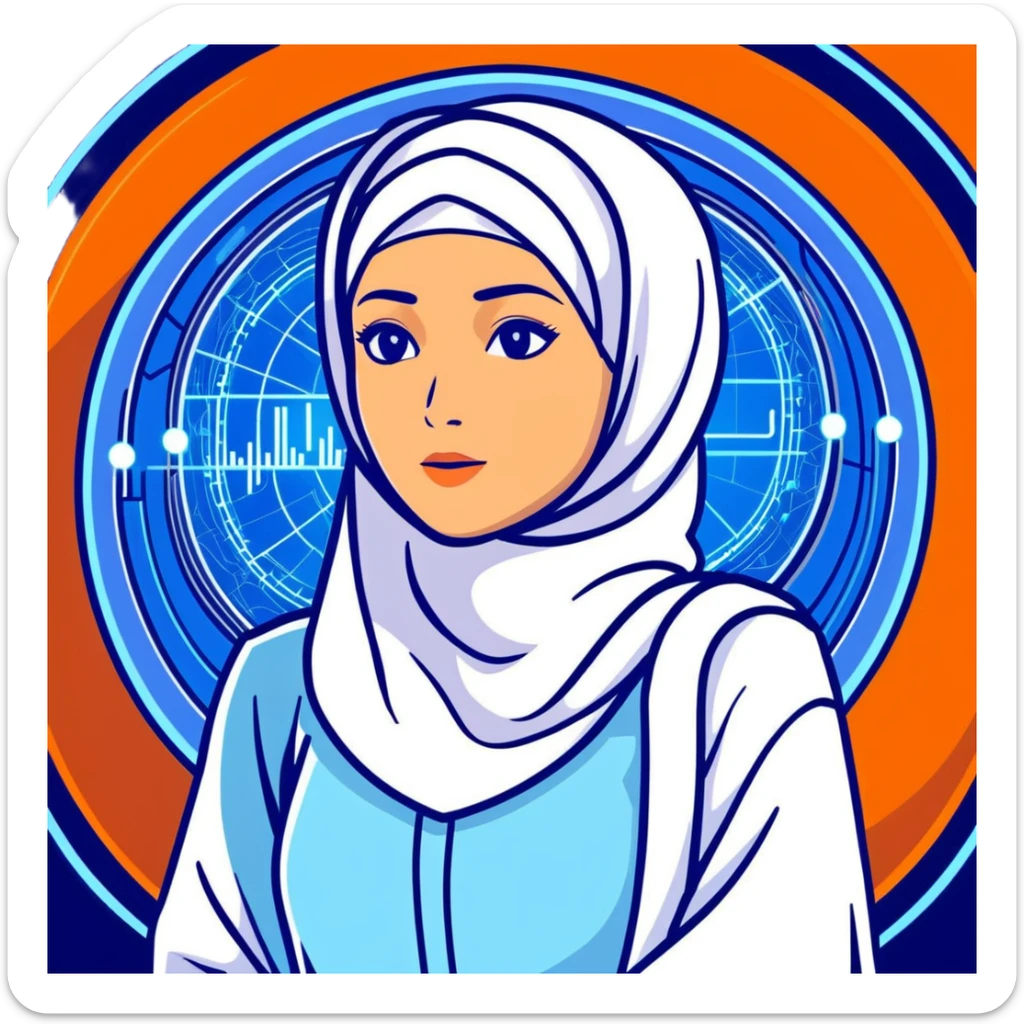 woman with white hijab in blue outfit, gazing forward, encircled by futuristic holographic screens displaying AI visualizations, quantum data patterns, circuit networks, high-tech metaverse elements sticker