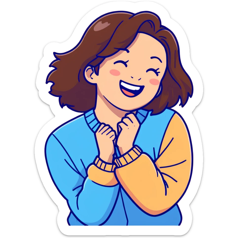 brunette girl with brown hair wearing pastel blue clothes laughing joyfully sticker