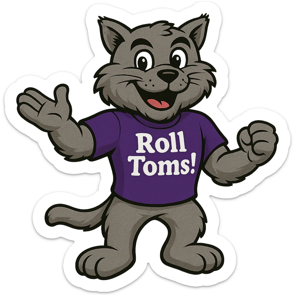 Tommie the Tomcat, University of St. Thomas (Minnesota) mascot, wearing a purple t-shirt with the text 'Roll Toms!' on it, in a friendly and spirited pose sticker