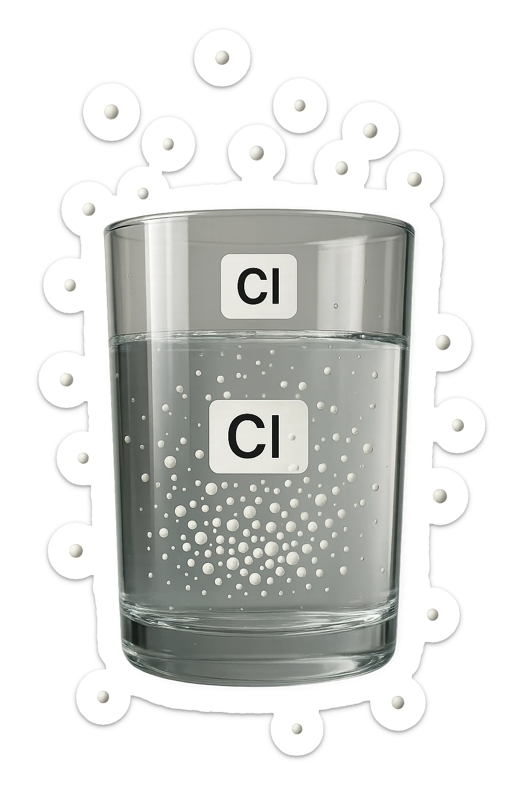 un bicchiere di acqua fluttua in aria realistico e dettagliato, dentro l'acqua del bicchiere ci sono particelle di cloro ben visibili con la scritta "Cl" sopra, ci sono particelle anche che escono dal bicchiere e fluttuano in aria verticalmente, mentre alcune sono all'interno dell'acqua nel bicchiere, iperrealistico 4k sticker
