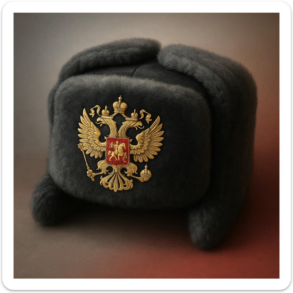 Russian hat ushank with the coat of arms of Russia, with background sticker