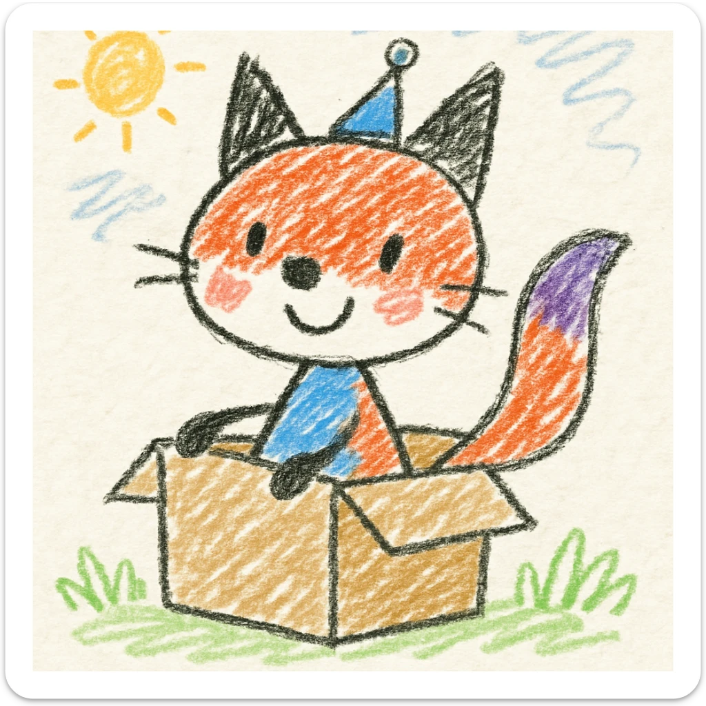 cute fox sitting in a cardboard box with playful expression, kids toy aesthetic, fox with a tiny hat sticker
