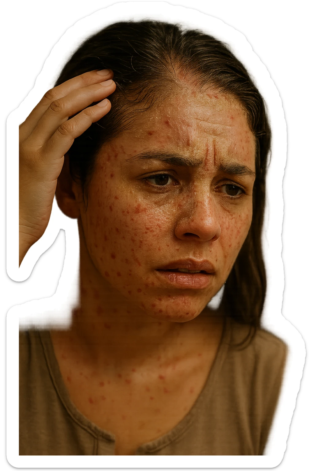 A highly realistic, cinematic close-up portrait of a young woman in her late 20s with medium skin tone, displaying visible folliculitis and seborrheic dermatitis. Small, red, inflamed follicular papules and pustules are scattered along her hairline, jawline, and upper neck, indicating folliculitis. Her scalp and areas around the nose and eyebrows show flaky, greasy yellowish scales, with redness and irritation, indicating seborrheic dermatitis. Her hair appears slightly greasy and clumps near the scalp, emphasizing excess sebum production. She gently touches her irritated scalp with concern while looking at herself in a softly lit bathroom mirror, expressing discomfort and frustration. The environment is neutral and clean, with daylight softly illuminating the scene to highlight the skin and scalp texture. The style is 35mm hyperrealistic, with warm neutral tones and shallow depth of field to maintain focus on her skin, inflammation, and emotional expression, visually explaining the physical discomfort and aesthetic concerns of living with folliculitis and seborrheic dermatitis sticker