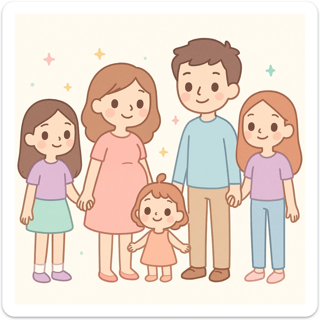 cute illustration of a family: father, pregnant mother, two teenage girls, and a 2-year-old girl, all holding hands sticker