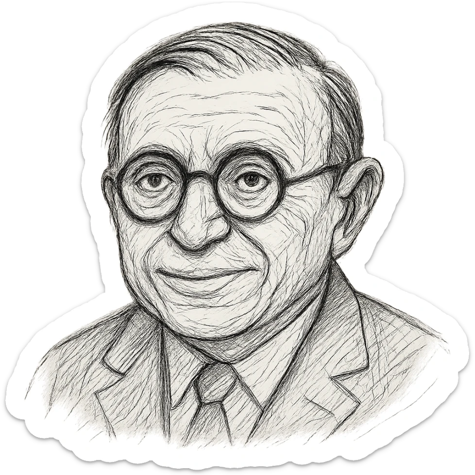 Enhance the Jean-Paul Sartre black outline icon with much more detailed, rich hand-drawn linework to resemble a true drawing rather than a simple icon. Show a neutral smile and keep the round glasses. Use a transparent background. sticker