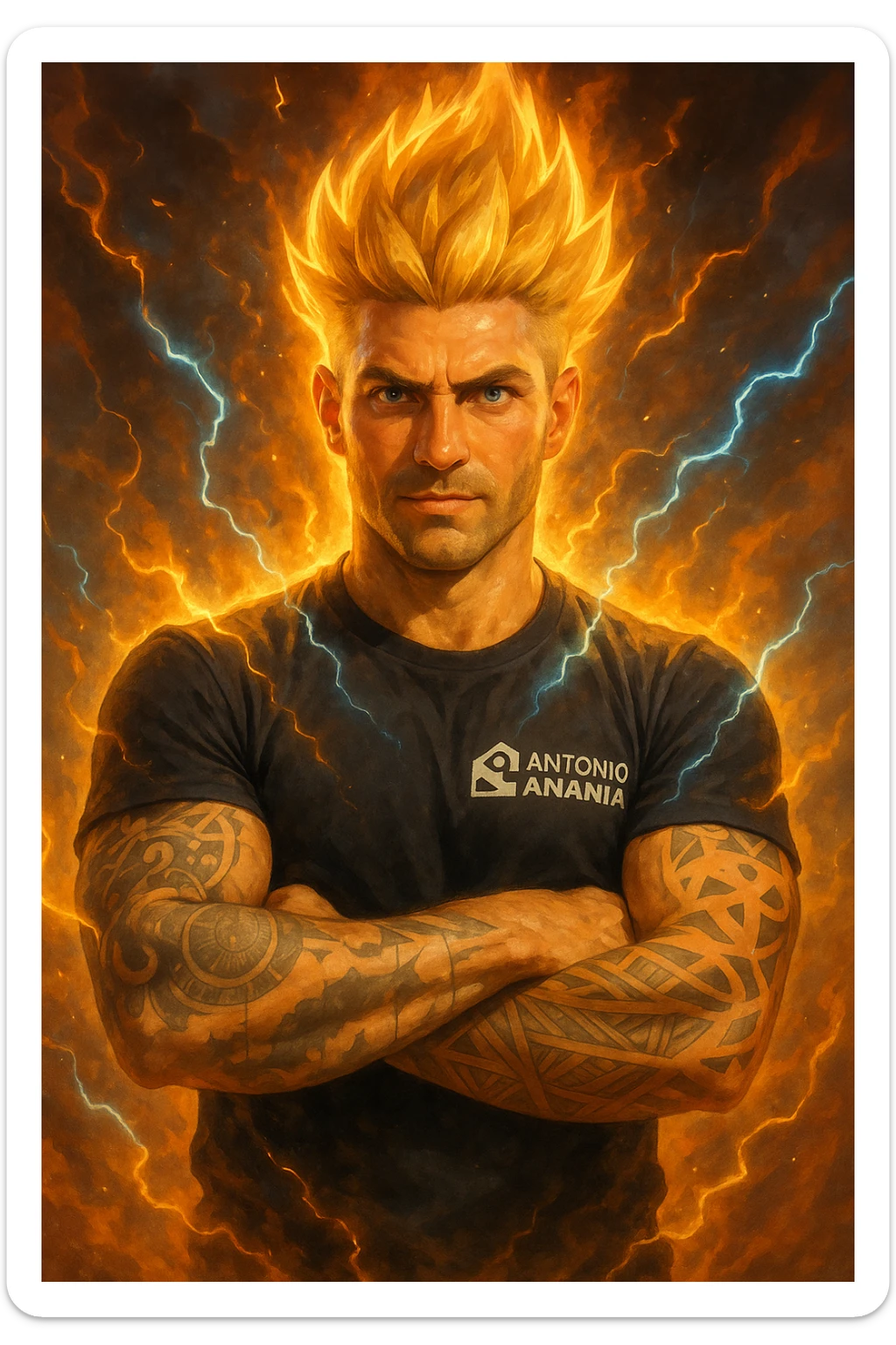 a muscular man with spiky hair stands in a powerful pose, surrounded by a glowing, fiery aura reminiscent of Goku’s Super Saiyan transformation. His eyes are intense and determined, and his body radiates energy and confidence. Lightning bolts and energy waves crackle around him, symbolizing a surge of testosterone and vitality. The background is dramatic, with swirling clouds and vibrant colors. sticker