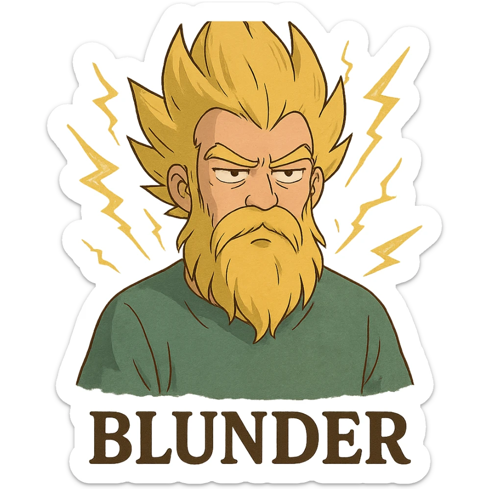anime style protagonist with super Saiyan hair, long beard, lightning accents, unimpressed expression, the word 'blunder' at the bottom sticker