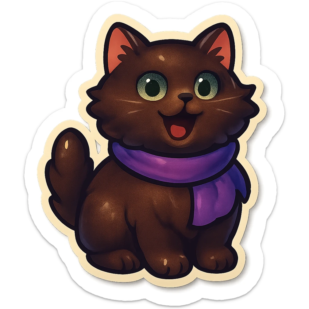Fluffy meowing cute dark-brown cat with green eyes and a purple scarf  sticker