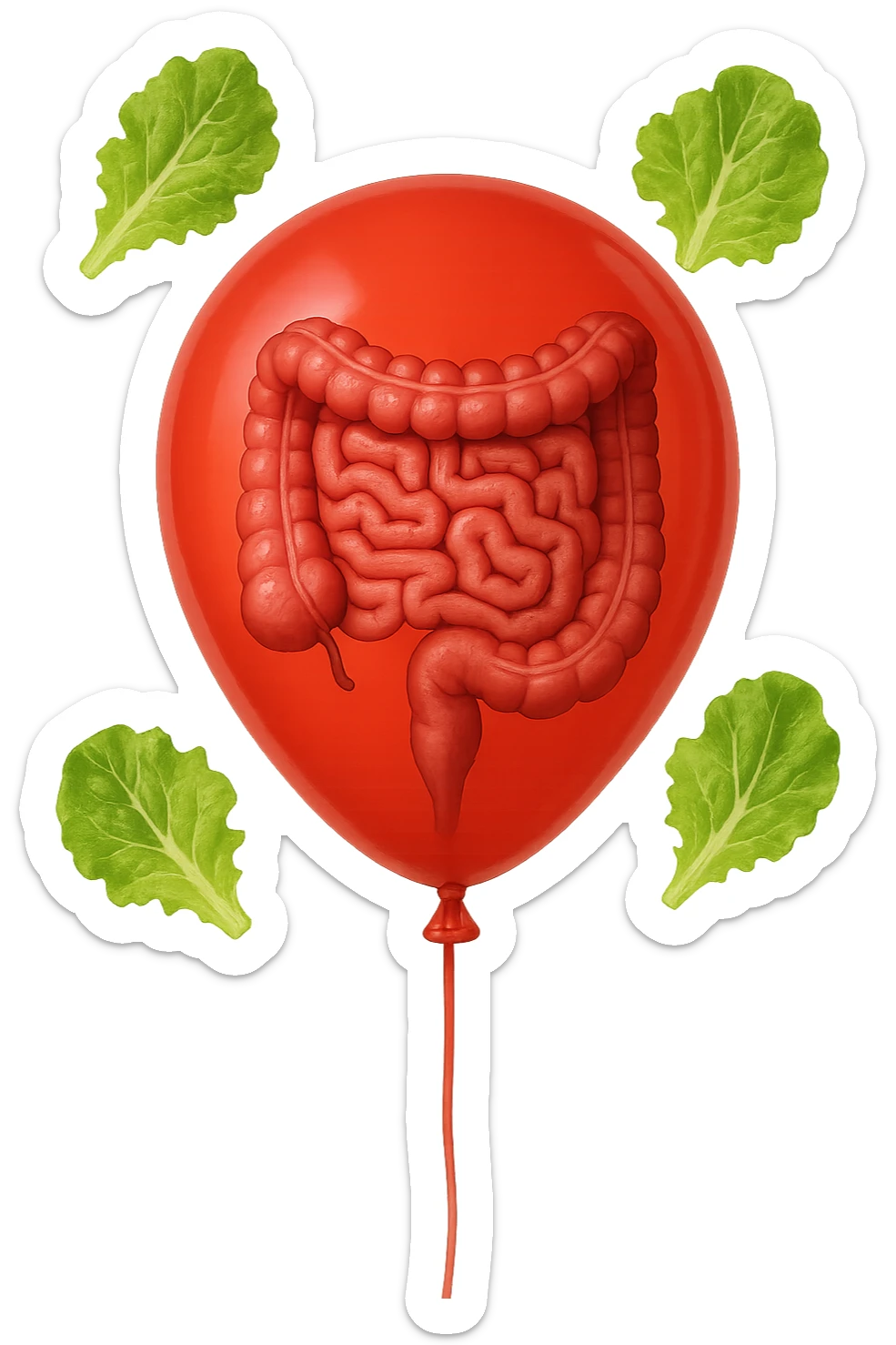 intestino chiuso in un palloncino rosso e foglie di insalata che fluttuano intorno sticker