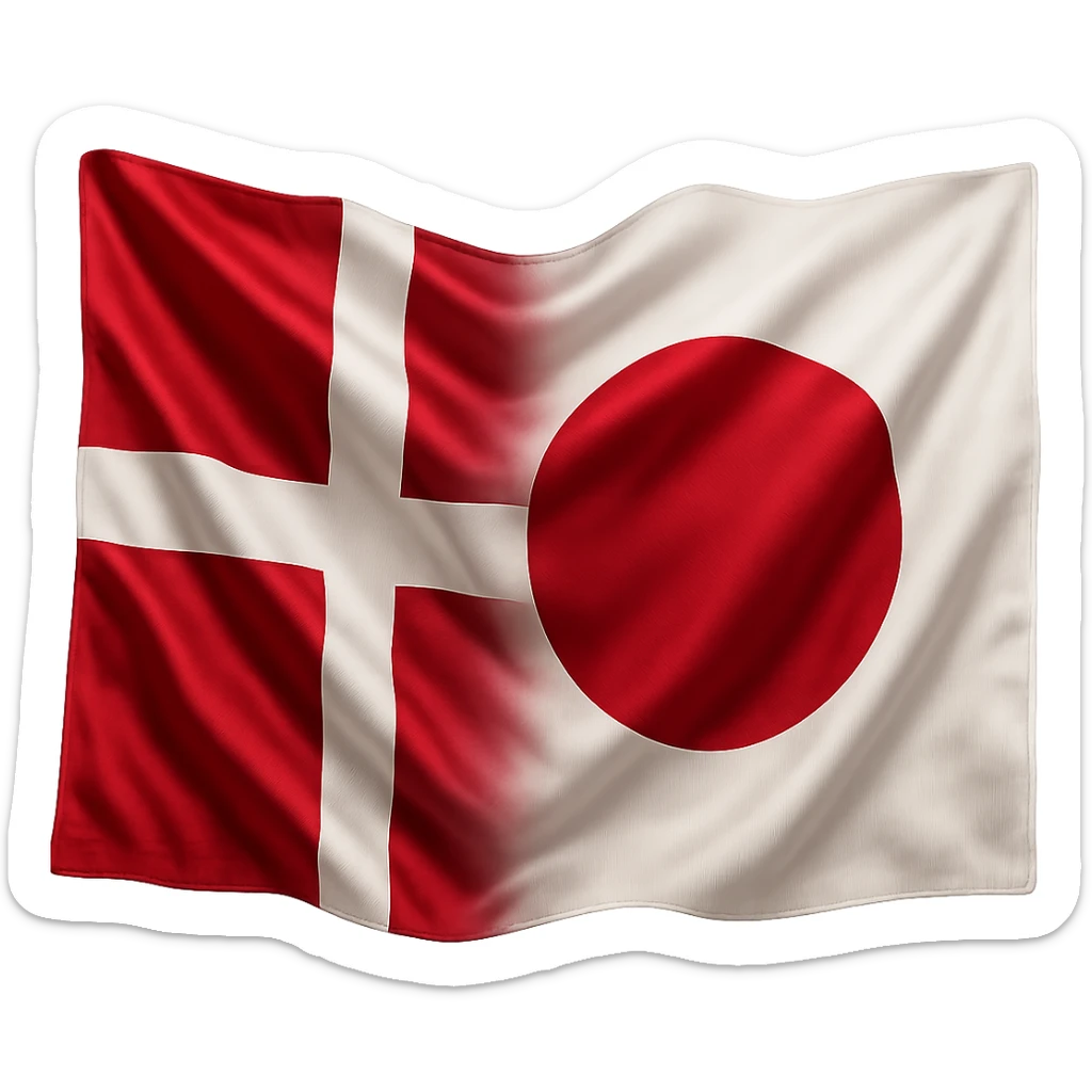 realistic illustration of Denmark and Japan flags merged with satin fabric look, no background sticker
