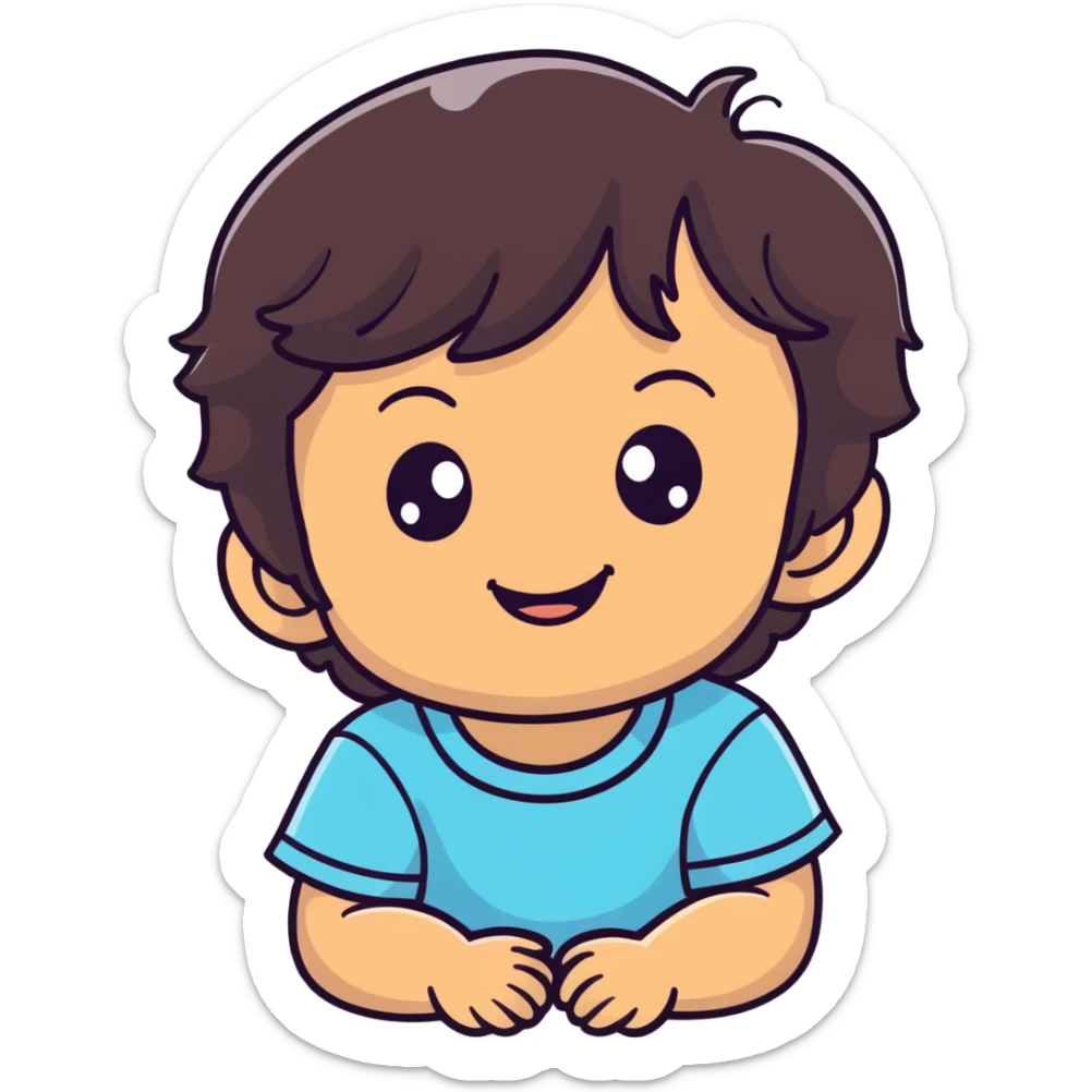 smiling toddler face with big eyes, medium skin tone, and dark wavy hair sticker