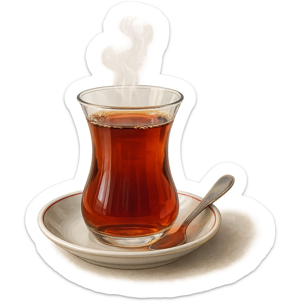 traditional Turkish tea glass with hot tea, tulip-shaped, on a small saucer, with a teaspoon, steam rising, iconic look, detailed, realistic sticker
