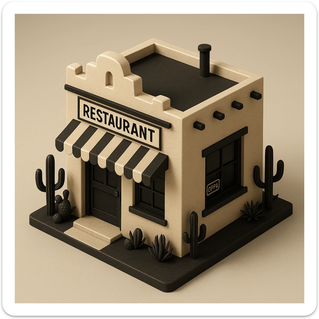 isometric exterior of a little southwestern restaurant, black, beige, and white color palette, dollhouse style, 3D realistic sticker