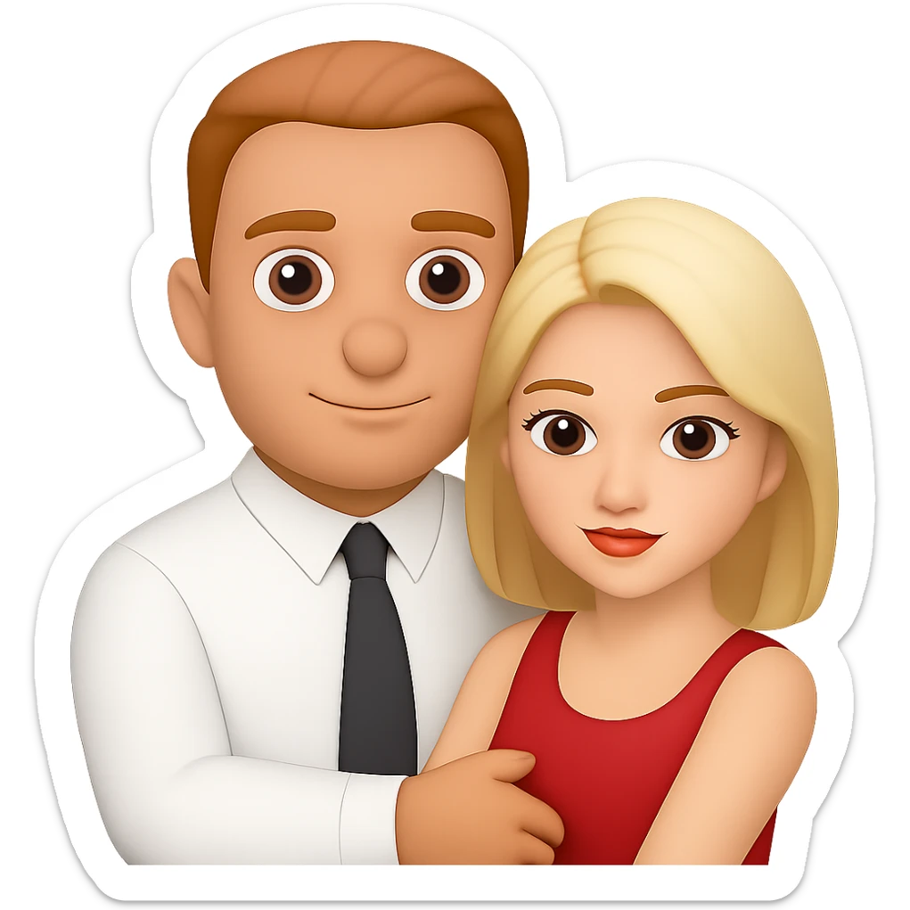 Replace the child in the man's arms with the blonde girl from the other emoji, keeping the same style and transparent background. The style is consistent with the original emoji style shown in the references. sticker