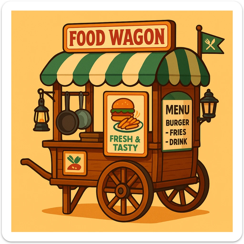 classic vintage food wagon made of wood with two large spoked wheels, pull handle, curved green and cream striped canopy, signboard reading 'Food Wagon' in bold red letters, slogan 'Fresh & Tasty', menu 'Burger – Fries – Drink', signboard with illustrations of burger and plate of food, utensils like frying pan and pot hanging from frame, black lantern at rear, small green flag with crossed fork and knife icons at front, warm inviting style with smooth lines and soft colors, blending classic charm and modern food service sticker
