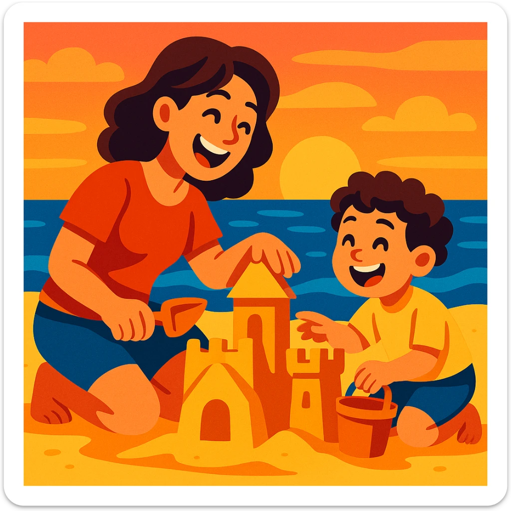 Cartoonish mother and son building a sandcastle together at sunset, playful and joyful sticker