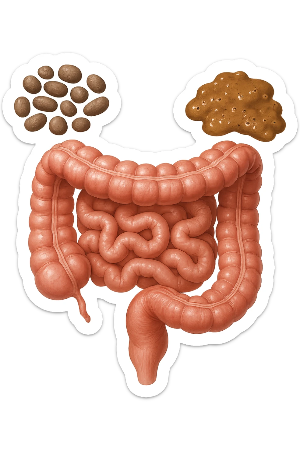 INTESTINO UMANO ANATOMICO REALISTICO CON FECI A PALLINE E FECI LIQUIDE CHE FLUTTUANO DIETRO BEN DISTINTE, IPERREALISTICO 4K sticker