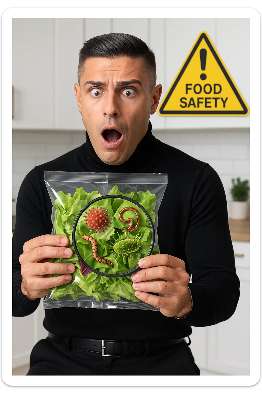 a man holds a bag of salad with both hands, his face frozen in shock as he looks at the contents. Inside the bag, exaggerated but realistic depictions of parasites and bacteria are visible, some highlighted with a magnifying glass overlay. The background is a clean kitchen, and a warning sign appears in the corner to reinforce the message about food safety. sticker