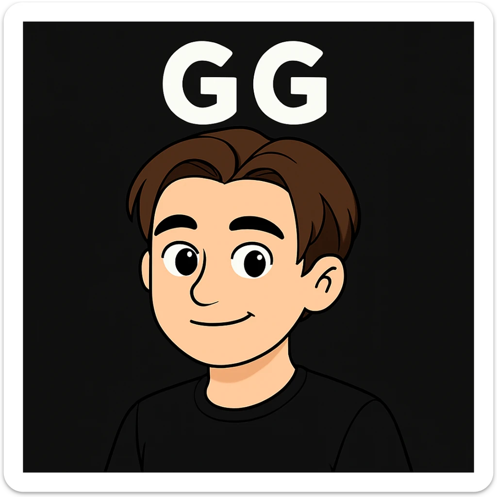 Edit the image of the boy to show him smiling with the text "GG" above his head, wearing a black shirt. Keep the face and style as in the original image. sticker