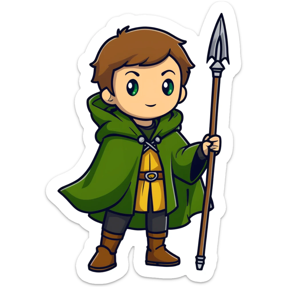 Rudeus Greyrat from Mushoku Tensei, green eyes, short light brown hair, wearing adventurer's outfit with a green cloak, holding a staff, confident and curious expression sticker
