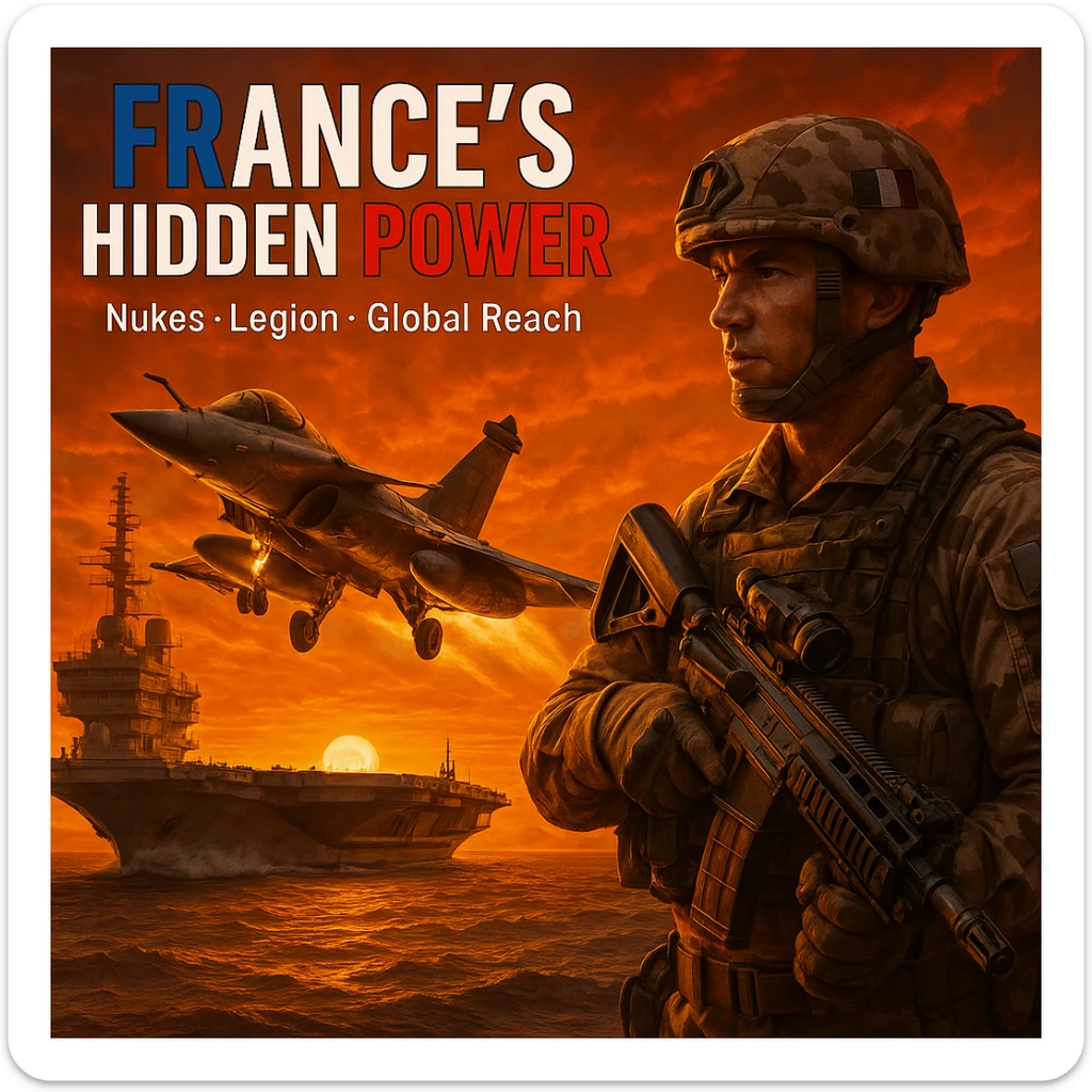 epic sunset scene of Rafale fighter jet taking off from a French aircraft carrier with an orange sky, foreground showing a French Foreign Legion soldier in desert camo holding an advanced rifle, bold French flag-colored headline 'FRANCE’S HIDDEN POWER', subtext 'Nukes • Legion • Global Reach', 8K, dramatic lighting sticker