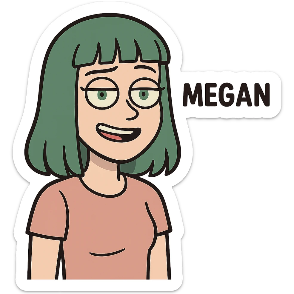 cartoon face of Megan, green hair, straight bangs, green eyes, same expression, same line style sticker