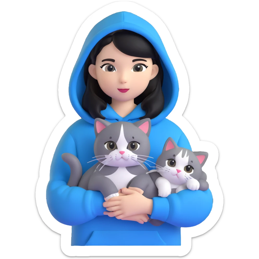 Girl with black hair wearing gray hoodie with a British shorthair blue and white cat and a long-haired blue and white cat sticker