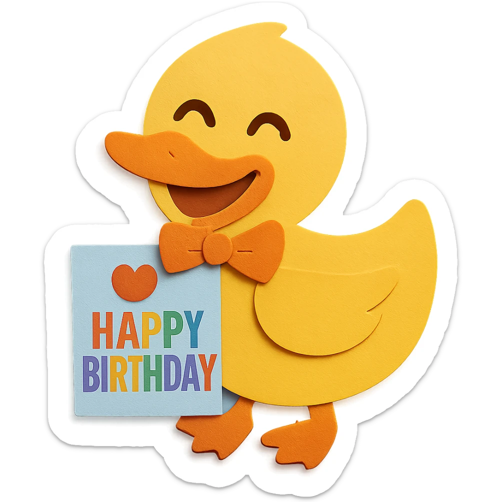 Change the duck to have a laughing face and update the 'Happy Birthday' wording on the card to rainbow colors. Keep all other design elements unchanged sticker