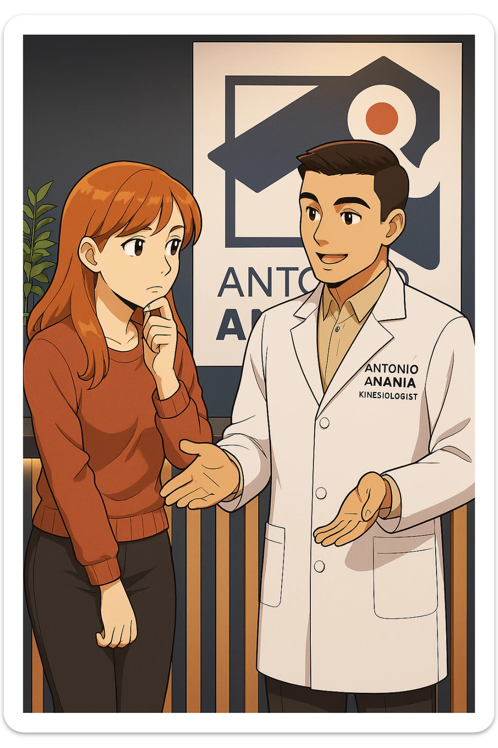 su questo stile fai un manga/webtoon a colori in cui una donna SI TOCCA IL MENTO MENTRE FA UNA DOMANDA ALL'UOMO, l'uomo della foto in stile manga LE SPIEGA CHE DEVE PROVARE LA SUA VALUTAZIONE MEDICA, mantieni un ambiente simile alla foto che ho allegato con il suo logo (sarebbe il suo studio, lui è un kinesiologo), scrivigli "ANTONIO ANANIA" sul camice bianco, non mettere fumetti, ma fai in modo che sembri che la donna CHIEDA E  l'uomo RISPONDA sticker