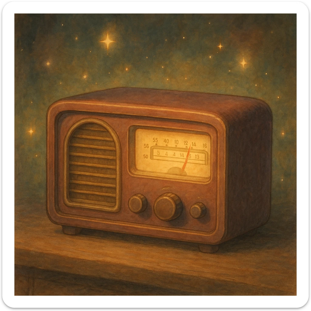 vintage radio, soft painterly look, magical and retro atmosphere, Ghibli style sticker