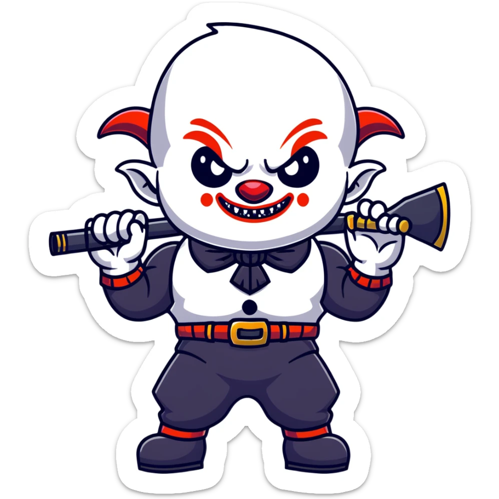 full-body muscular demonic clown in a black and white leisure suit with bellbottom pants, bald, with black ram horns, flashy black and white belt, ruffled white shirt, no neck tie, large fangs, holding a very large futuristic rifle sticker