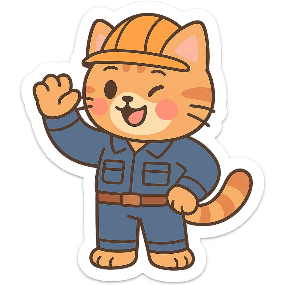 cat character with orange hard hat and work uniform, anime inspired sticker