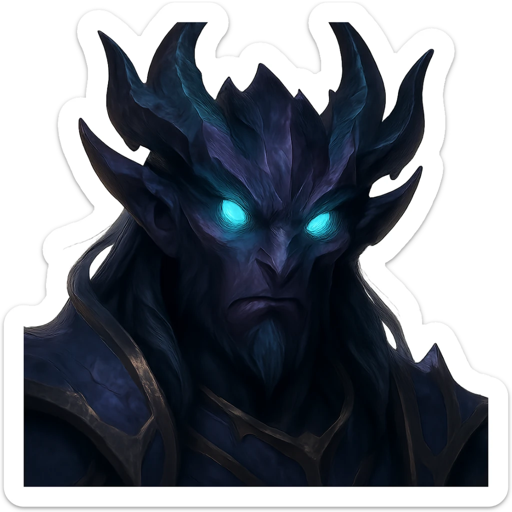 portrait of a League of Legends hero face with non-human features, glowing eyes, fantasy game art style sticker
