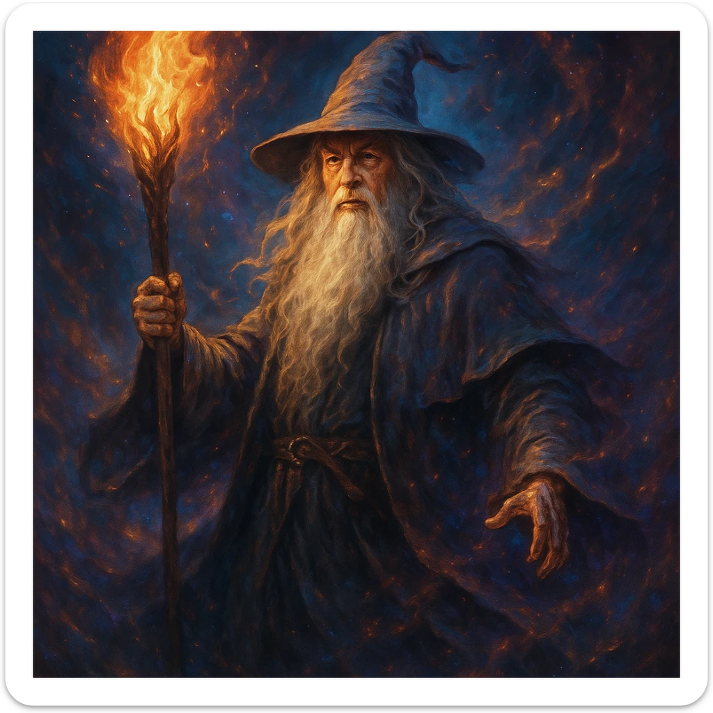Gandalf wizard with a flaming staff, magical aura, vibrant colors, epic pose, cinematic fantasy sticker