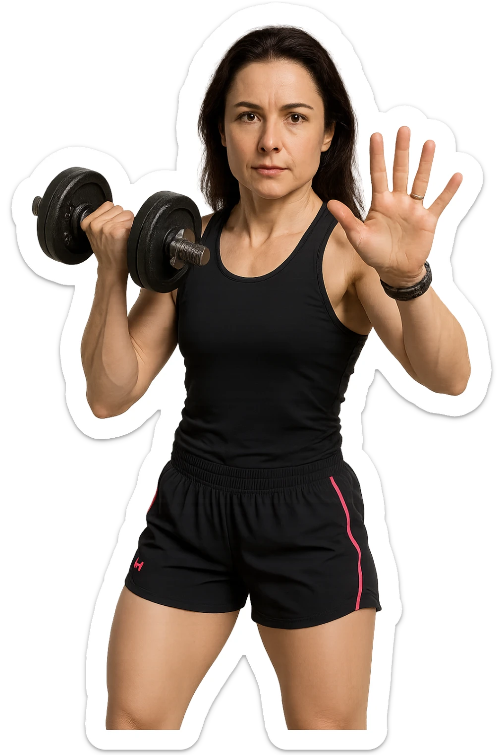 Allenamento ad alta intensità donna mentre fa pesi con in mano due manubri sticker