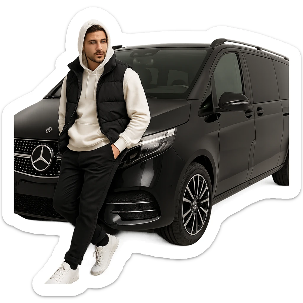 A fashionable man with white sneakers, black pants, white hoodie, black vest, hood up, leaning on a black 2024 Mercedes-Benz V-Class Extra Long 300 d, no background, clean studio lighting, ultra realistic, full-body, no text. sticker
