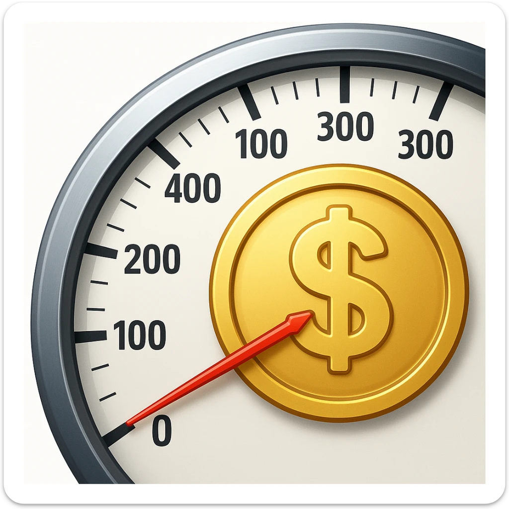 Show only half of the speedometer, and make the dollar coin in the center much bigger, keep classic apple emoji style sticker
